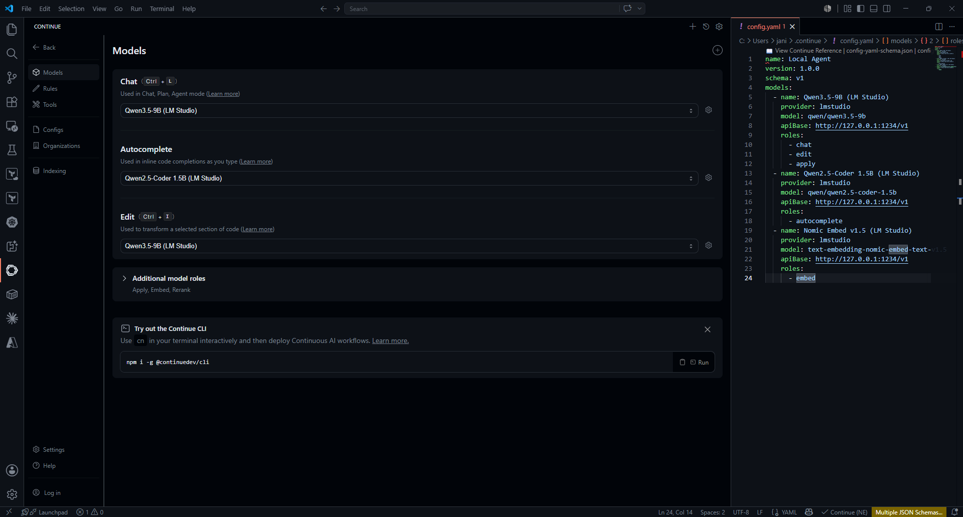 Continue.dev Models panel in VSCode - Chat, Autocomplete and Edit set to local LM Studio models, with the config.yaml open alongside