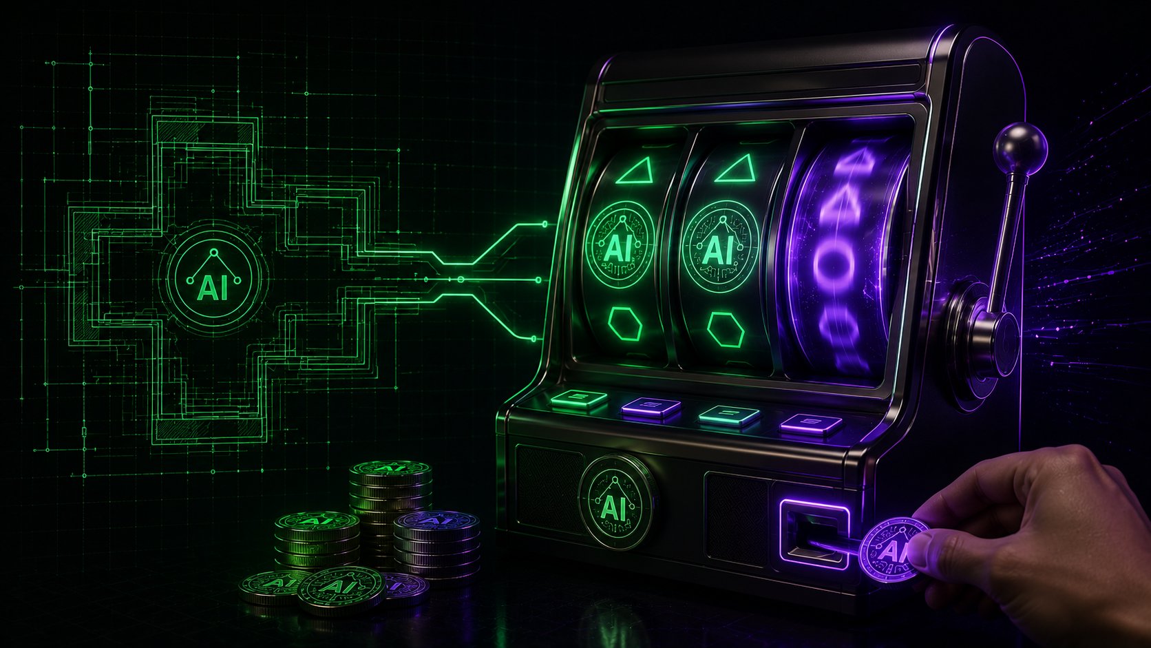 A glowing green blueprint schematic wired into a dark slot machine with geometric symbols on its reels, a hand inserting an AI token coin