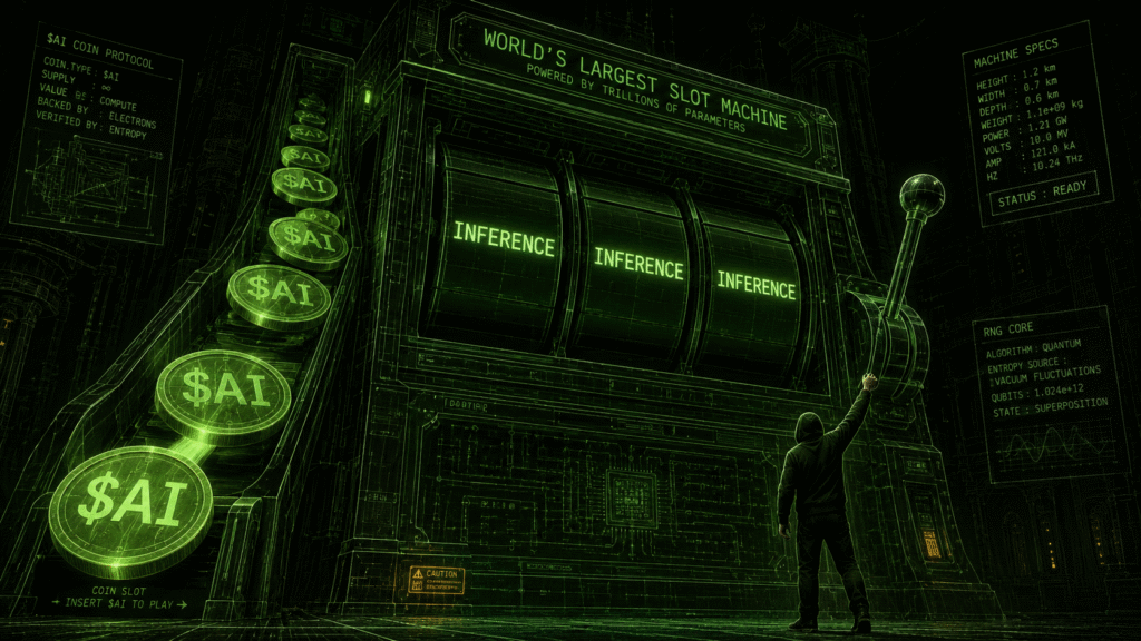 The world's largest slot machine rendered as a green terminal blueprint - three reels reading INFERENCE, $AI coins feeding the coin slot, a lone hooded developer reaching for the lever.