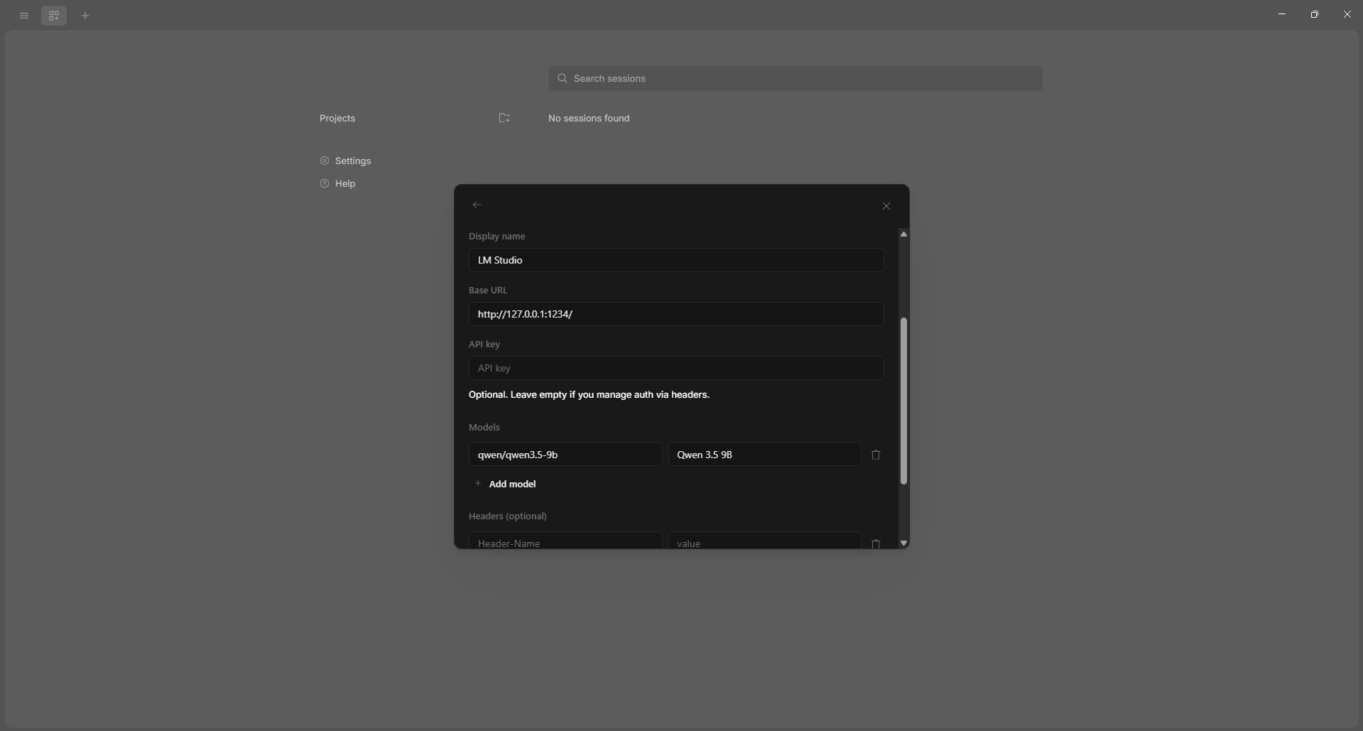 Connecting opencode desktop to LM Studio - provider dialog with Base URL http://127.0.0.1:1234 and the qwen/qwen3.5-9b model