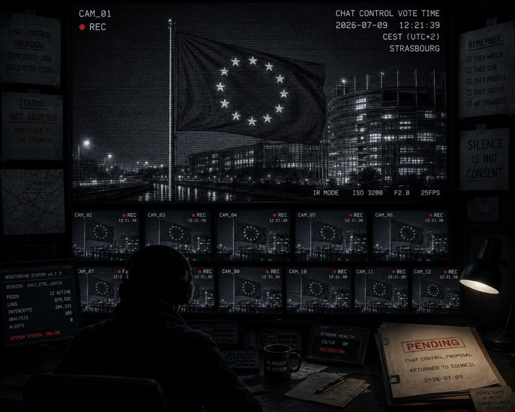 314 Votes Against - and Chat Control Still Moved Forward A dark surveillance control room where a wall of CCTV monitors all show the EU flag; a folder on the desk is labelled Chat Control