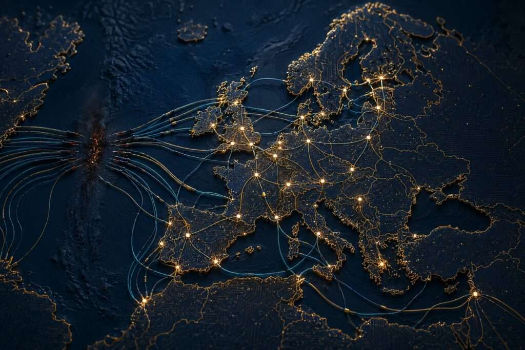 A dark circuit-board map of Europe traced in glowing gold, with data cables running west across the Atlantic toward North America and a burnt scorch mark where the transatlantic link frays.