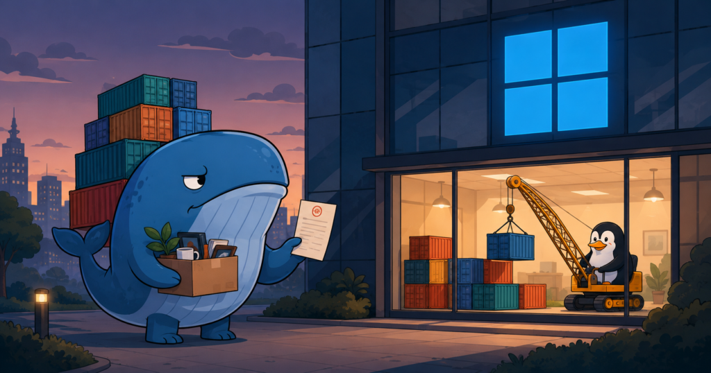 Cartoon: the Docker whale stands evicted outside a Windows office building with a box of belongings, while inside a penguin stacks shipping containers with a toy crane